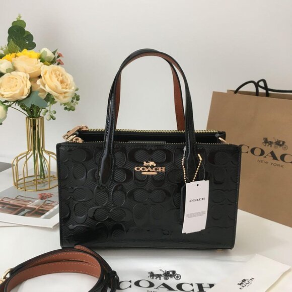 🍒COACH Nina Small Tote Bag Signature Patent leather Black CV400 outlet New - Picture 1 of 6